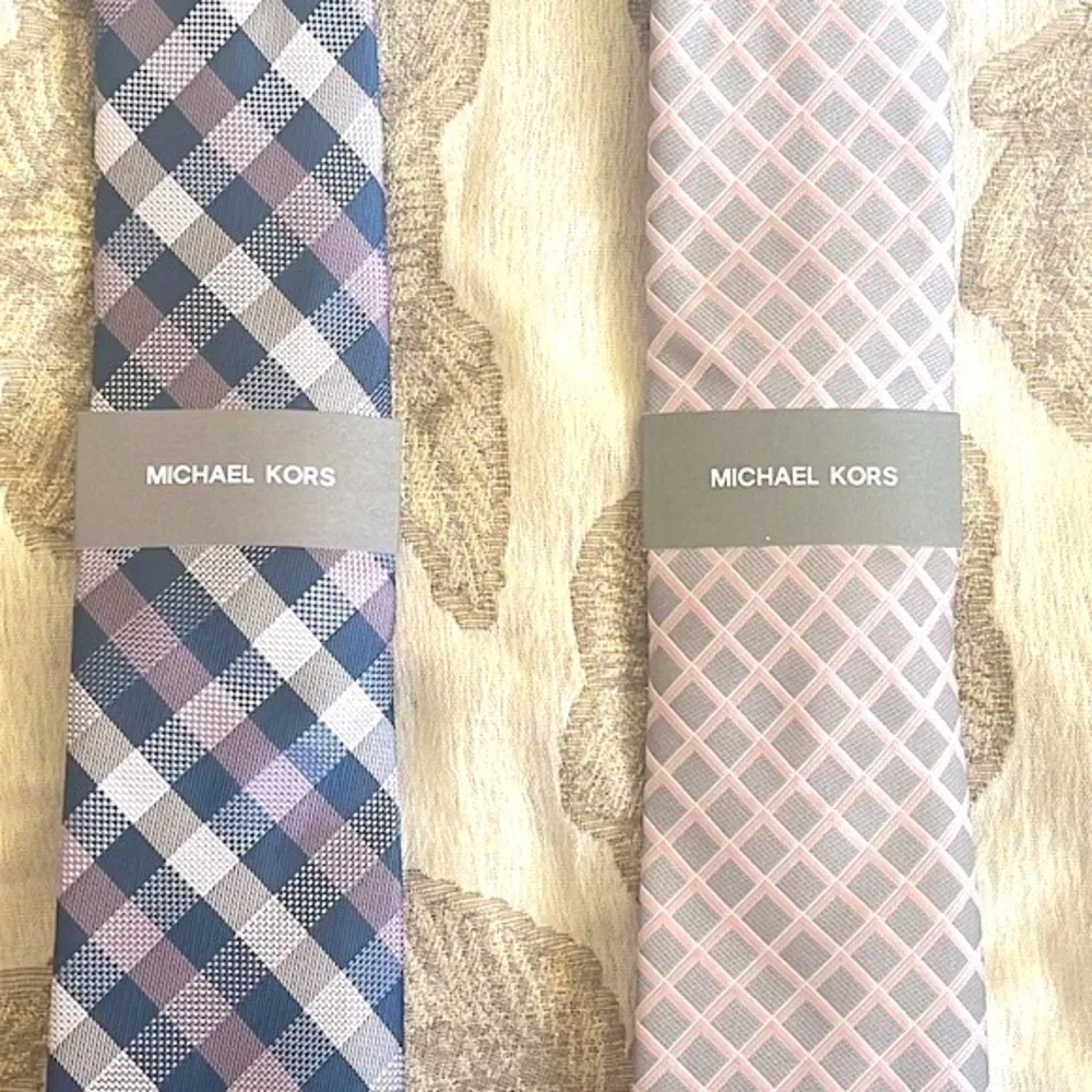 Brand New Michael Kors Set of 2 Ties Checkered Plaid Satin Sheen Business Office